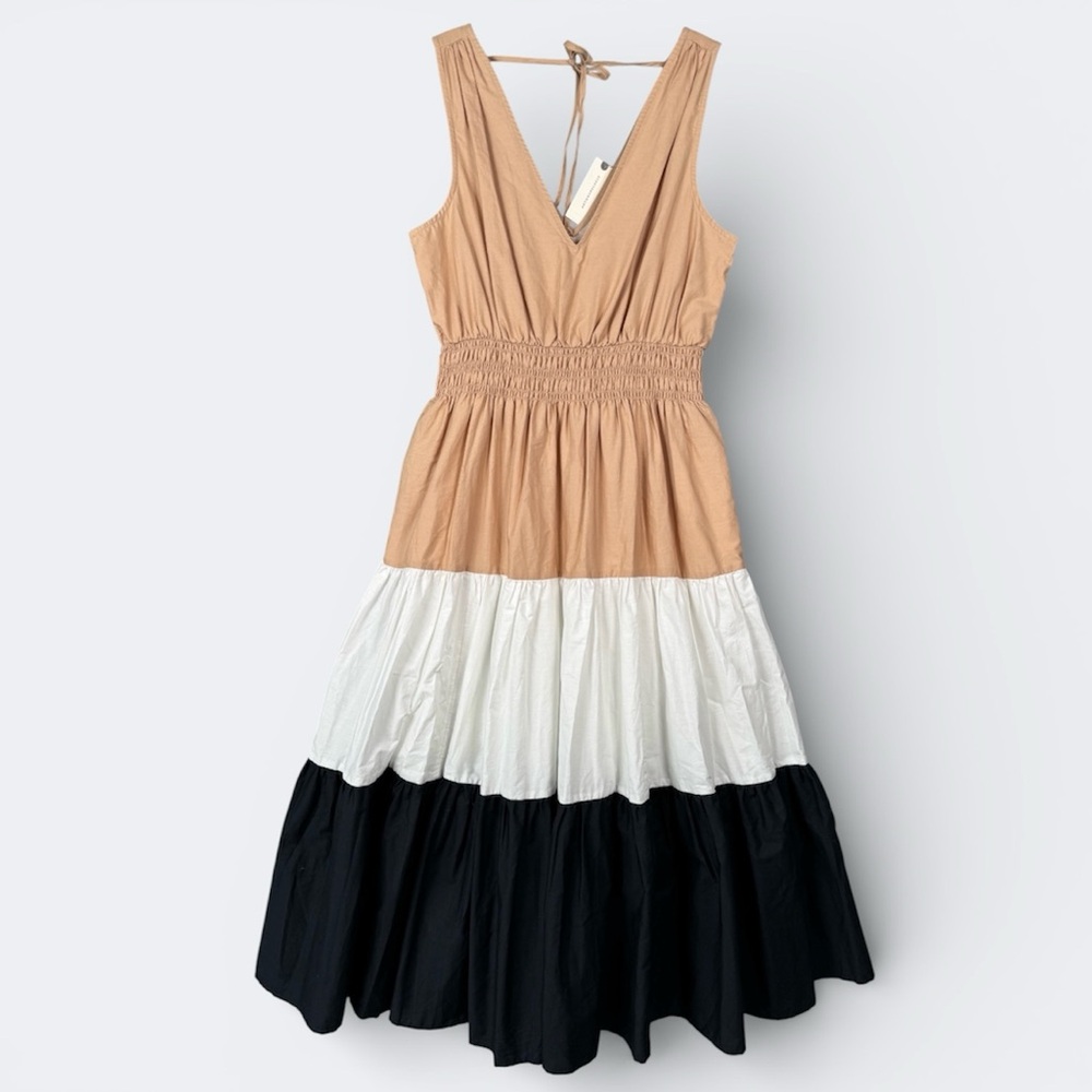 MAEVE Anthropologie Colorblock‎ Tiered Midi Dress 4 Tan White Black Pockets